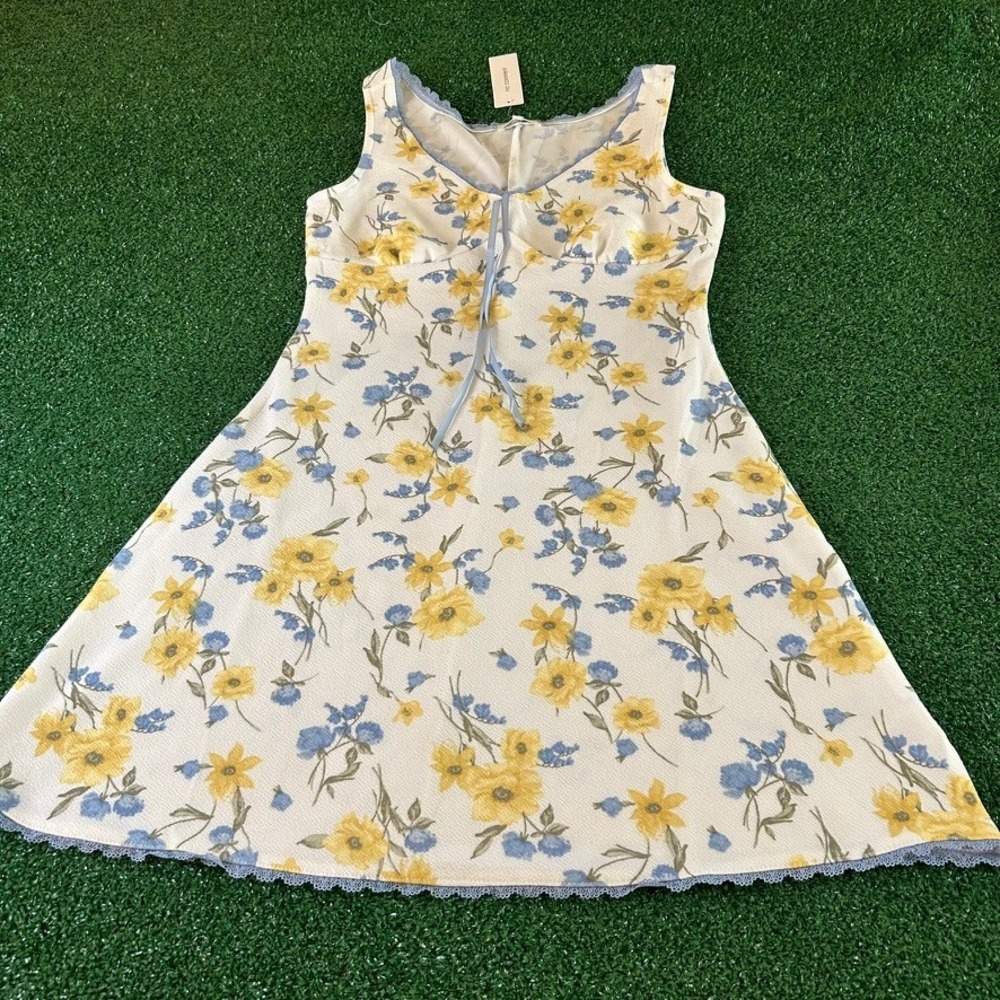 No Comment‎ Floral Mini Dress Blue Lace Trim Sleeveless Sundress Womens Large